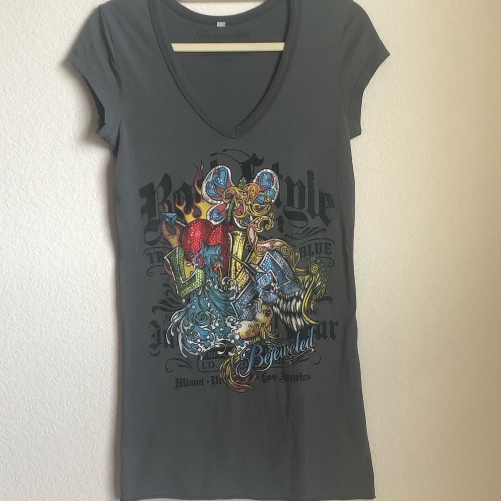Bejeweled Rock Style Love V neck with Swarovski Crystals discount ship